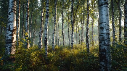 Fototapeta premium Dewy Morning Birch bark forest panorama