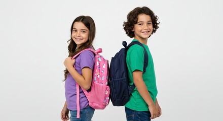 Two smiling kids stand back to back wearing backpacks against a white background