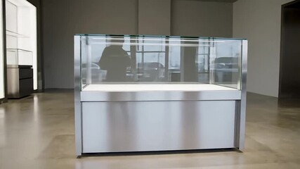 Sleek modern glass display case with brushed metal base in bright retail showroom ready for product presentation - Powered by Adobe