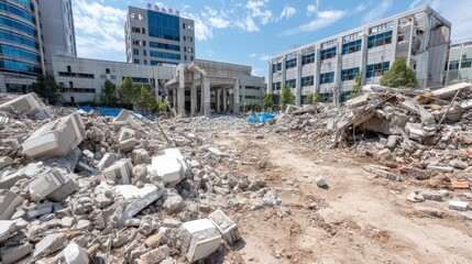 Extensive demolition site with piles of concrete rubble and modern buildings