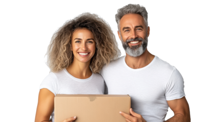 Happy couple holding box on transparent background
