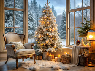 Cozy christmas scene with a decorated tree, armchair, and candles by a window overlooking a snowy forest