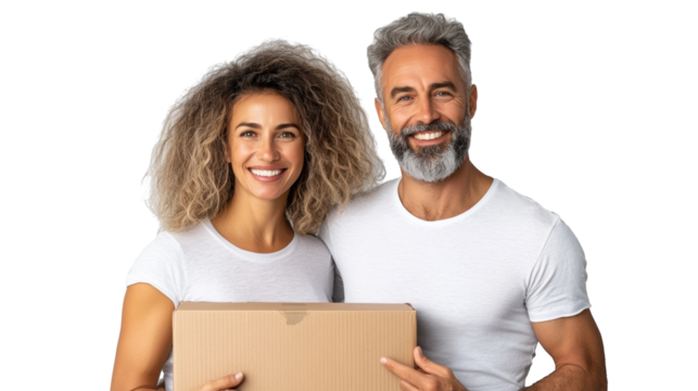 Happy couple holding box on transparent background