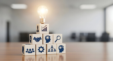 Illuminating business strategy and team collaboration with iconic symbols atop a pyramid of success, symbolizing growth and innovation.