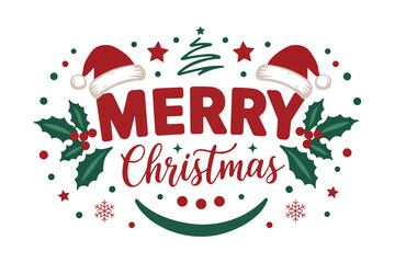 merry christmas greeting with santa hats holly berries and tree in festive red green holiday design