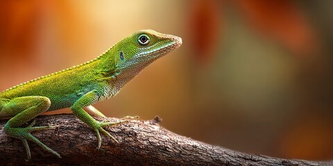 Fototapeta premium Adorable tiny green baby lizard clings to a textured branch, its curious eyes gazing outward with a soft, blurred natural backdrop for a captivating wildlife moment.