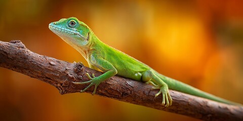 Fototapeta premium Adorable tiny green baby lizard clings to a textured branch, its curious gaze fixed forward, set against a softly blurred natural backdrop.