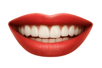 Woman smiling with perfect white teeth and bold red lipstick, expressing beauty, happiness, and dental care on transparent background