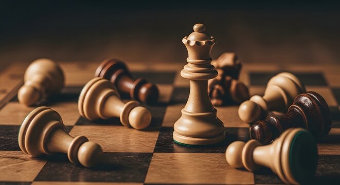 A lone white chess queen stands triumphant on the board amidst fallen pawns, symbolizing strategic victory, power, and successful leadership