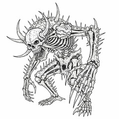Fearsome Spiked Skeleton Monster Creature Line Art Drawing for Fantasy and Horror Design