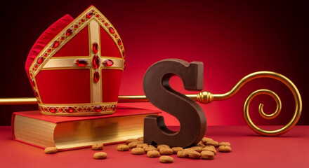 Red sinterklaas hat Mitre, decorative staff, large chocolate letter S, surrounded by traditional spiced cookies, festive attire and dutch holiday spirit. traditional Saint Nicolas day five december