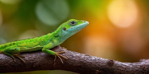 Fototapeta premium Tiny vibrant green baby lizard perched delicately on a textured natural branch, showcasing delicate scales against a softly blurred background for a serene nature scene.
