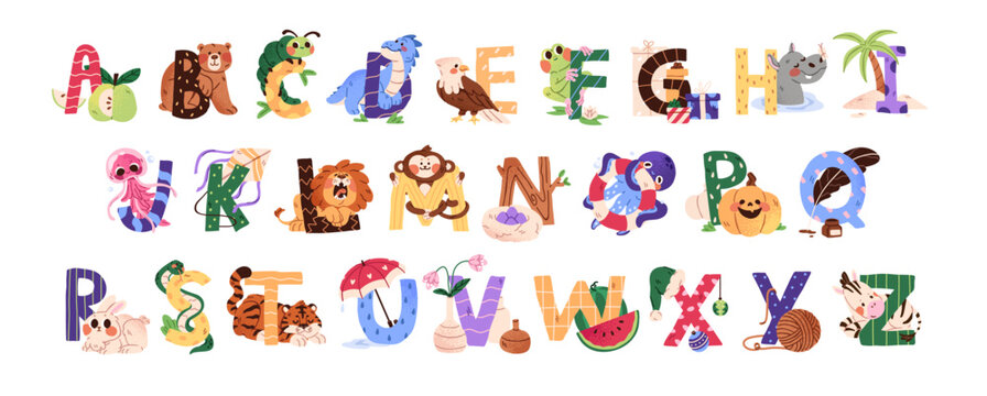 Cute English alphabet with animals set. Design of child ABC letters. Kindergarten education. Learning for reading for kids. Teaching of children. Flat isolated vector illustration on white background
