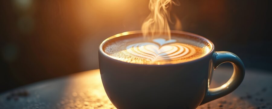 Warm latte art on coffee cup. Steam goes from hot cappuccino. Perfect cafe latte with heart shape milk foam in sunlight. Hot drink in cafe at sunrise.