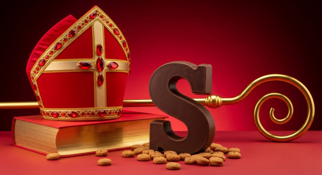 Red sinterklaas hat Mitre, decorative staff, large chocolate letter S, surrounded by traditional spiced cookies, festive attire and dutch holiday spirit. traditional Saint Nicolas day five december