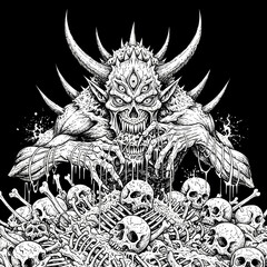 Terrifying Demonic Monster with Multiple Eyes Rising Above Pile of Human Skulls and Bones Illustration