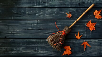 Enchanting High-Resolution Witch Broom Halloween Background – Ideal for Halloween Party Invitations, Social Media Covers, Decor Posters & Greeting Cards. Features a Stylish Witch Broom Adorned with 