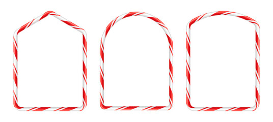 Set of arched Christmas frames with a realistic, glossy candy cane pattern. Collection of red and white holiday borders is perfect for creating a decorative window or photo frame