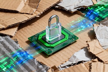 Visual representation of sustainable cybersecurity, transparent lock on a microchip amidst torn cardboard, highlighting digital protection and eco-friendliness