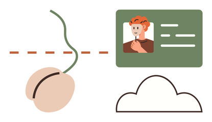 Computer mouse connects to cloud and ID card with user portrait, indicating online identity and access. Ideal for technology, security, networking, identity, cloud storage, access control