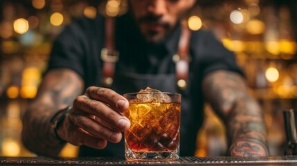 Bartender serving a crafted cocktail at a stylish bar during an evening social gathering