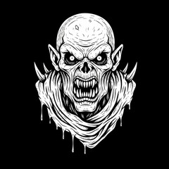 Fierce Scary Vampire Monster Head Illustration in Black and White Sketch Style