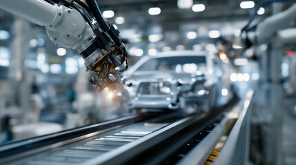 Fototapeta premium Robotic systems install car parts as they travel on a conveyor belt, reflecting smart factories, automation technology, human-free assembly lines, and the precision behind next-generation