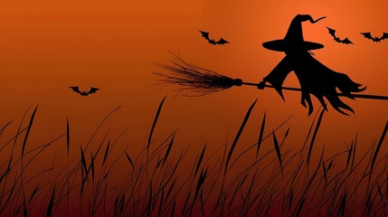 Enchanting High-Resolution Witch Broom Halloween Background – Ideal for Halloween Party Invitations, Social Media Covers, Decor Posters & Greeting Cards. Features a Stylish Witch Broom Adorned with 