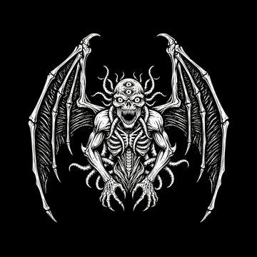 Intense Black and White Illustration of a Mythical Three Eyed Demon with Wings and Tentacles