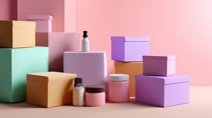 Colorful pastel boxes and cosmetic bottles arranged on soft background retail packaging composition