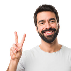 Fototapeta premium happy young man showing the v sign gesture on Isolated transparent background png. generated with AI