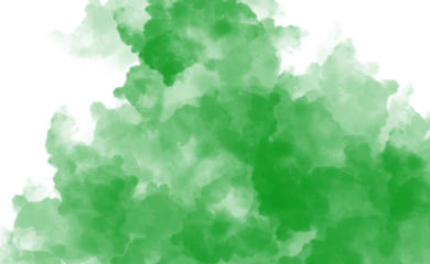 A vibrant green watercolor cloud effect isolated on transparent background, creating a soft and dreamy atmosphere with its delicate texture