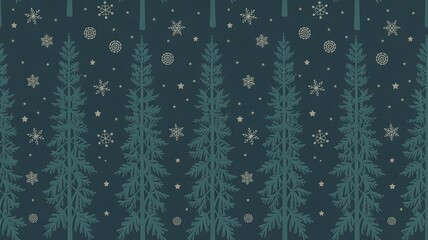 Seamless pattern of tall pine trees with falling snow and snowflakes on a dark winter night background.