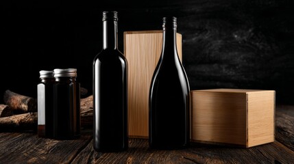 Naklejka premium Black glass bottles with wooden boxes arranged on dark surface luxury composition