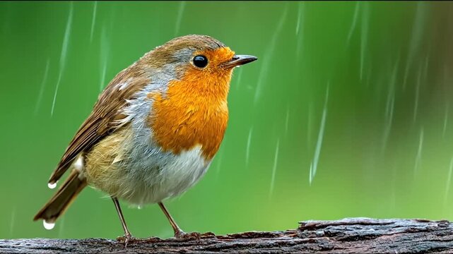 Charming robin perched on a branch during a gentle rain, vibrant green background