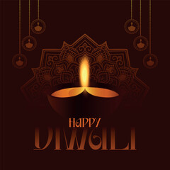 A striking Happy Diwali greeting card featuring a single, brightly lit diya with a tall flame centered against an intricate, subtle mandala background. Warm, dark brown colors give an elegant look.