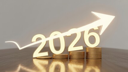 Golden 2026 text with an upward arrow and growing stacks of coins symbolizing financial growth and future prosperity.