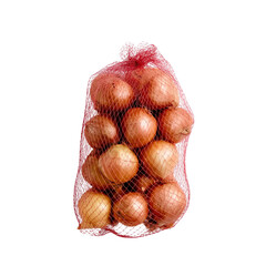 a bag of whole yellow onions in a net, isolated on a white background with no shadows, no text or letters, and no other elements