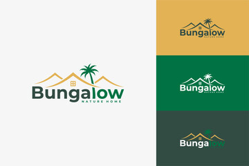 Tropical bungalow home logo design combining house shape and coconut tree for nature resort, eco brand, or real estate identity
