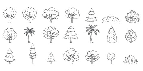 CAD tree line minimal style, set of graphics trees elements outline symbol for architecture and landscape design drawing. Vector illustration