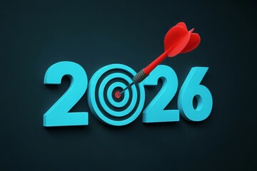 A red dart hitting the bullseye of a target that replaces the zero in the blue number 2026, symbolizing future goals and achievement.