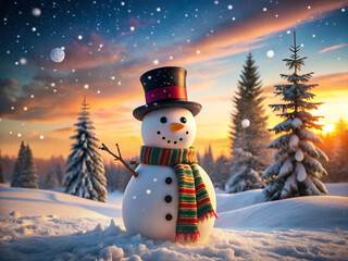 Happy snowman with a top hat and scarf in a snowy landscape at sunset with falling snow