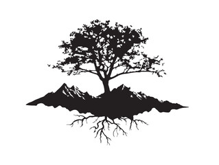Fototapeta premium Mountain Tree Roots Landscape Silhouette 2D Vector Line Art Design