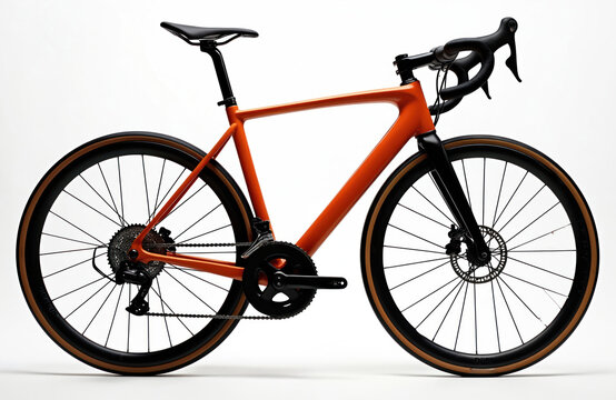Orange road bike studio shot. Modern cycle with black details isolated on white background. Professional bicycle for sport fitness workout activity and healthy lifestyle travel.