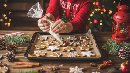 Child decorating festive gingerbread cookies with icing on a wooden table surrounded by Christmas decorations.