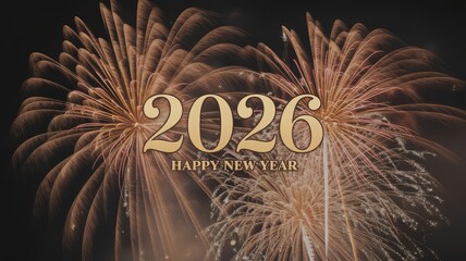 Golden 2026 Happy New Year text with sparkling fireworks exploding against a dark night sky, celebrating the upcoming year.