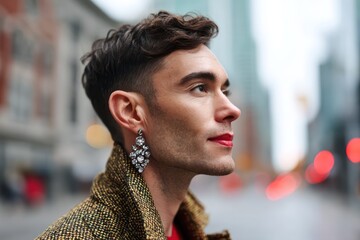 Fashionable Man with Glossy Lips Walking in the City