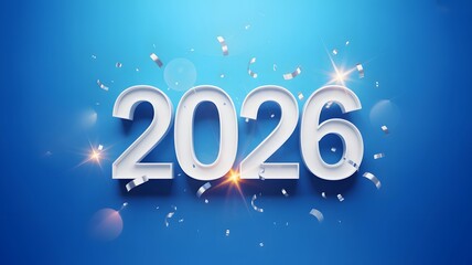 Bright white 3d numbers of the year 2026 illuminated with sparkles and confetti on a blue background