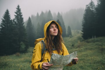 Female Hiker Lost in Foggy Forest Checking Map