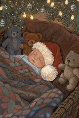 Sleeping Baby in Santa Hat with Teddy Bears — Cozy Christmas Watercolor